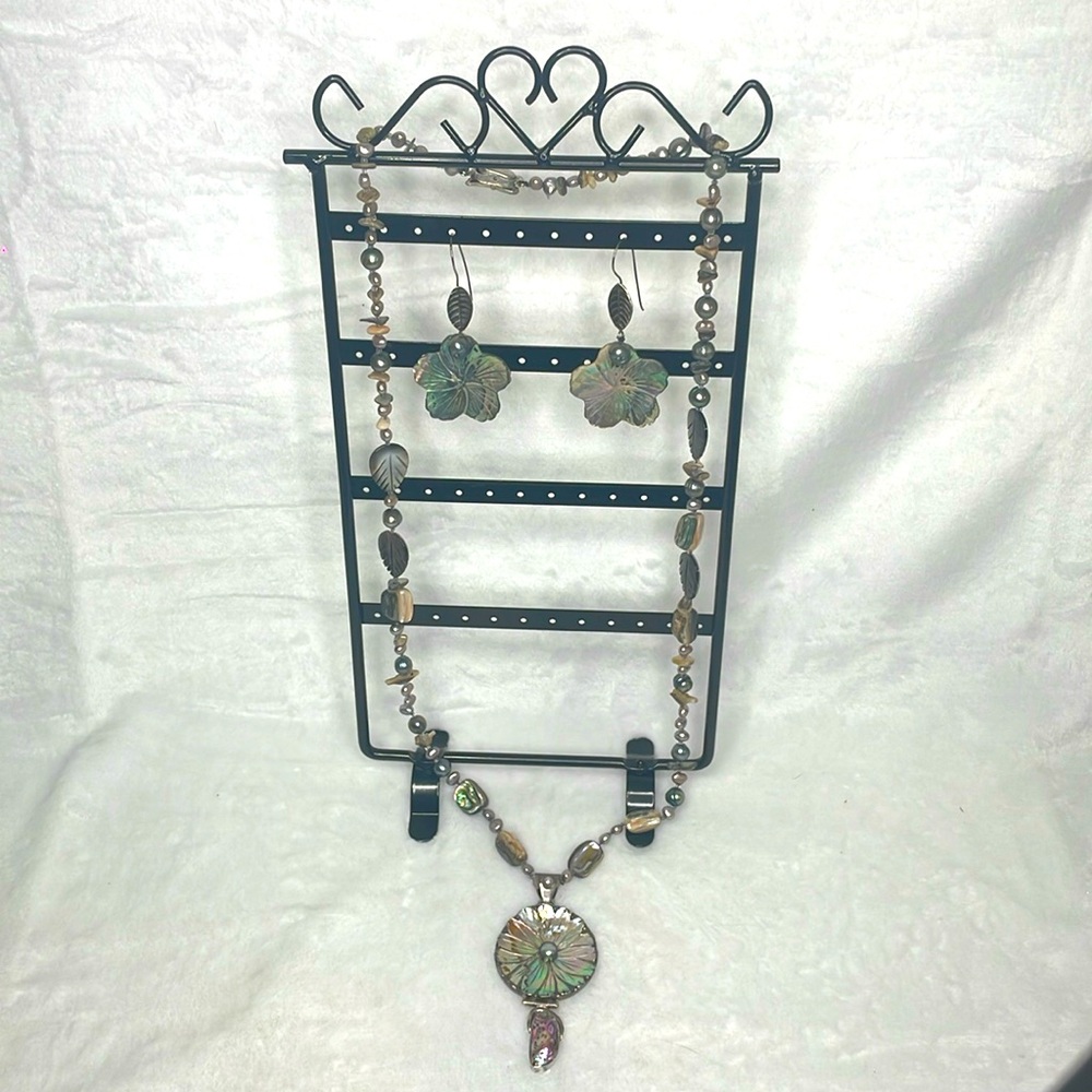Handmade vintage mother of pearl, pearl and sterling silver necklace/earrings.